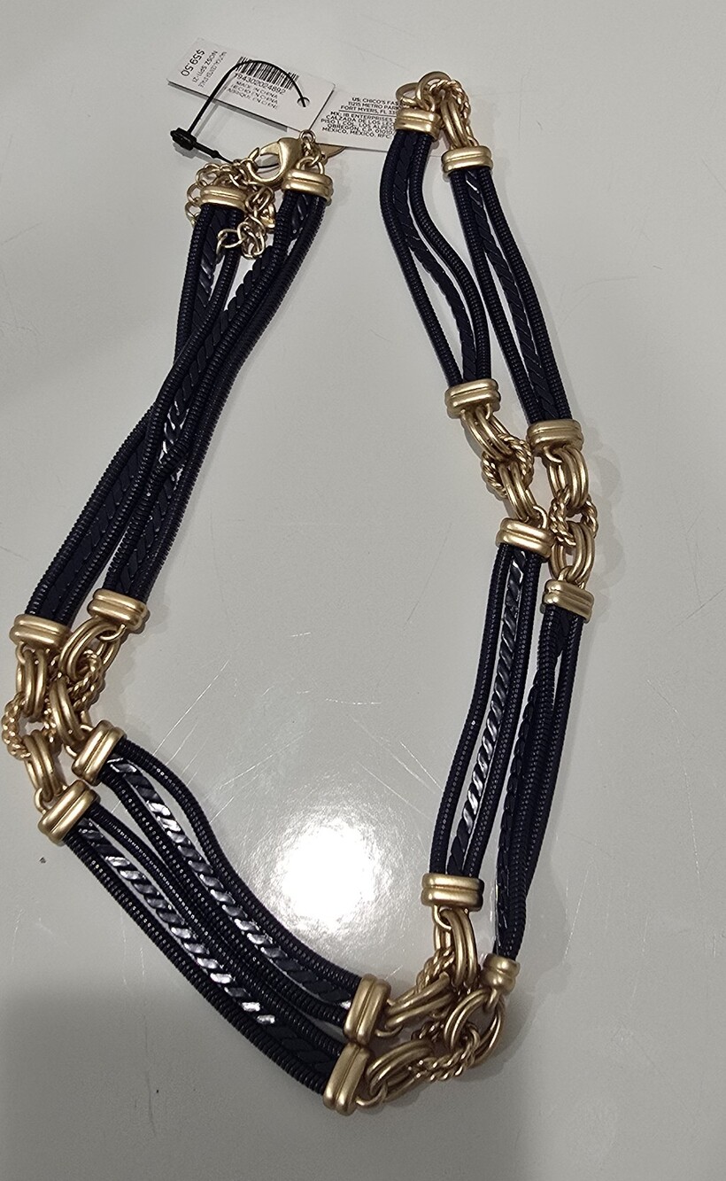 Nwt Chico's Gold & Navy Blue Multi-Strand Statement Necklace